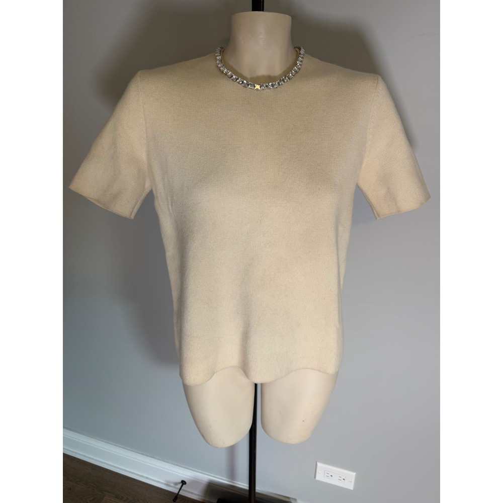 TWP Women Crystal Neck Cashmere Short Sleeve Sweater Cream Beige Size S